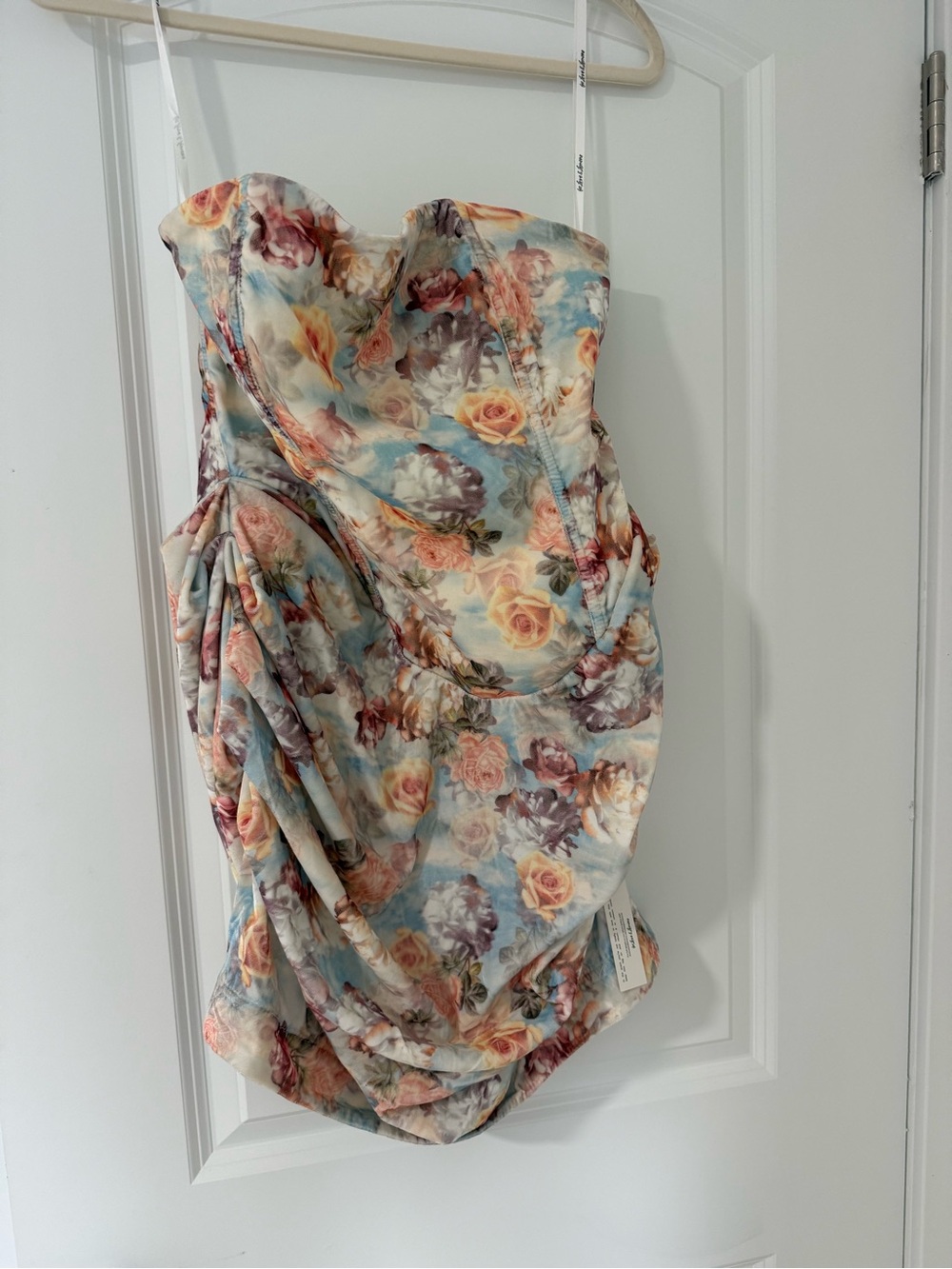 Floral Strapless Ruched Mini Dress in Pastel Blue and Cream